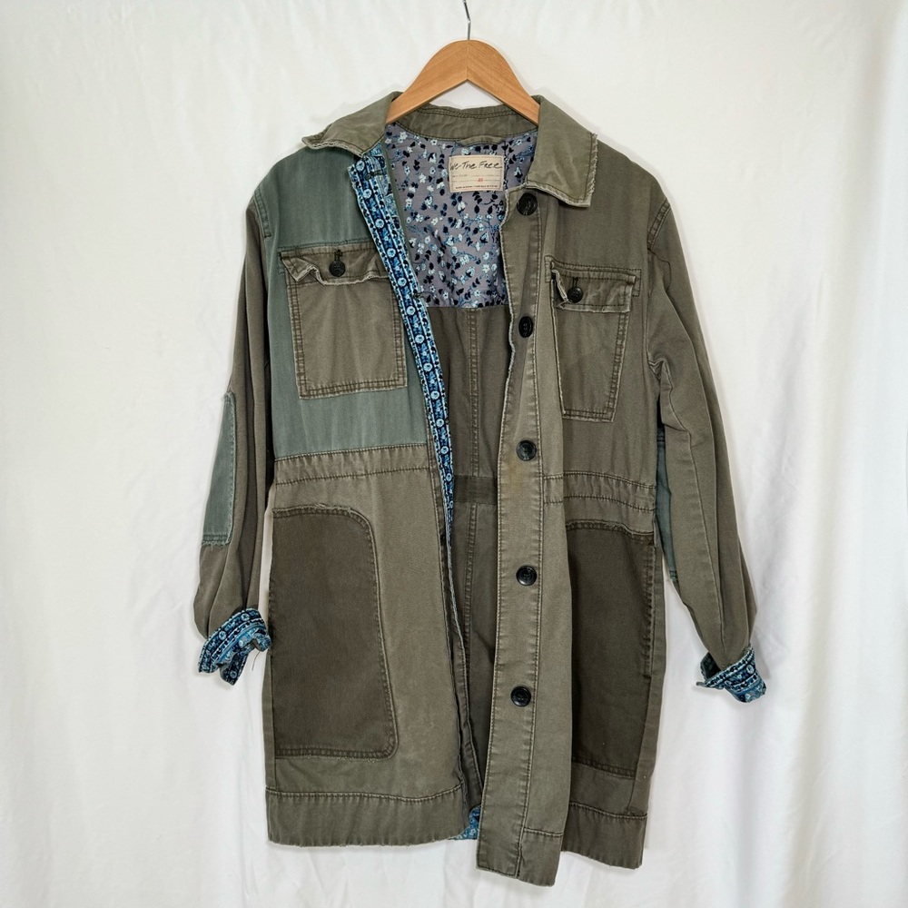 NWOT Free People Patchwork Military Utility Jacket in Army Green with Paisley